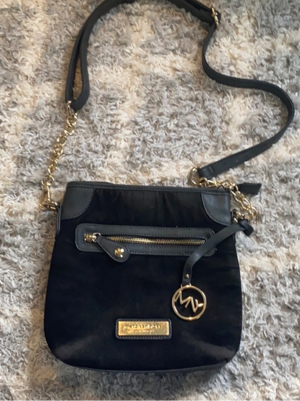 EUC Andrew Marc New York Black Suede Crossbody with Gold Accents